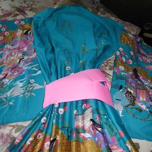 KIMONO WITH OBI SASH, LIKE NEW, GLOSSY BRIGHT TURQUOISE AND PINK